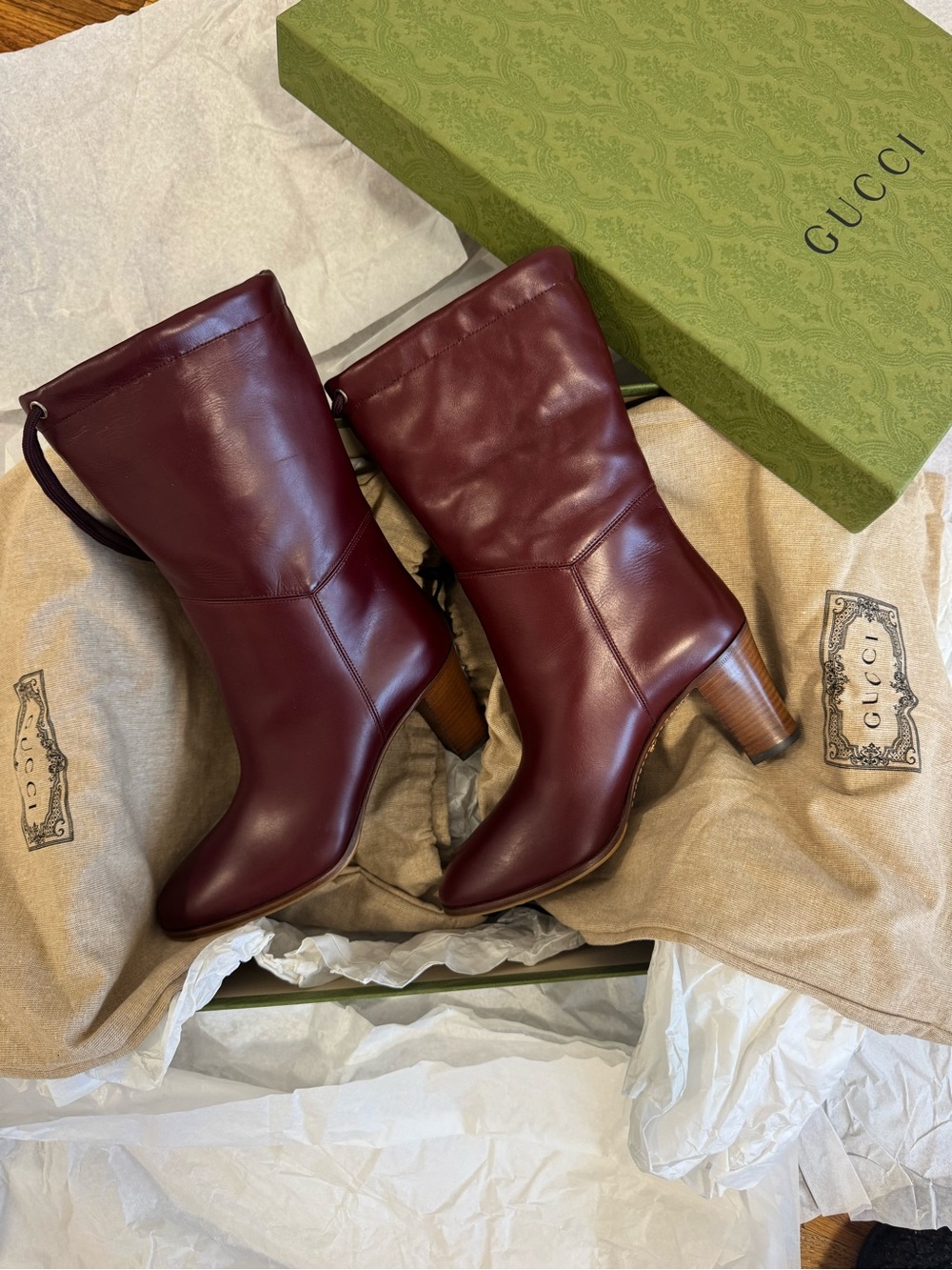 NEW Gucci Women Burgundy Leather Drawstring Ankle Boots EU 37.5 US 7.5 With Box
